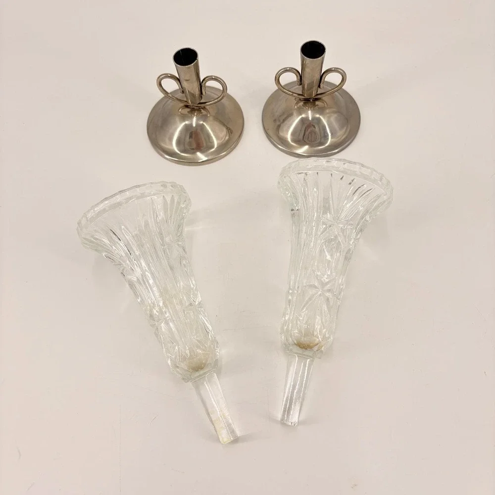 Vintage Cut Glass Candle Holders Pair Silver Tone Art Deco Wedding‎ Decor